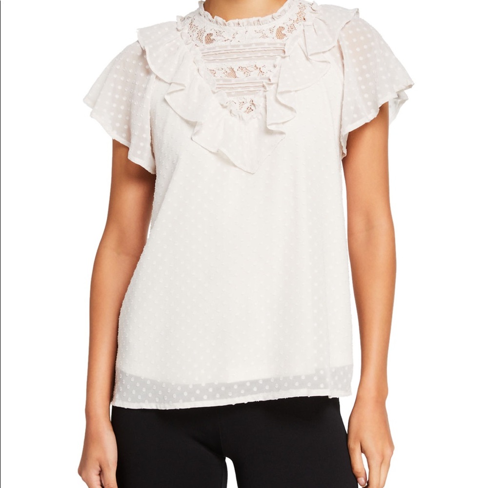 NWOT KENSIE SHORT SKEEVE “Swiss Dot” IVORY CHIFFON LACE RUFFLE BLOUSE Sz M